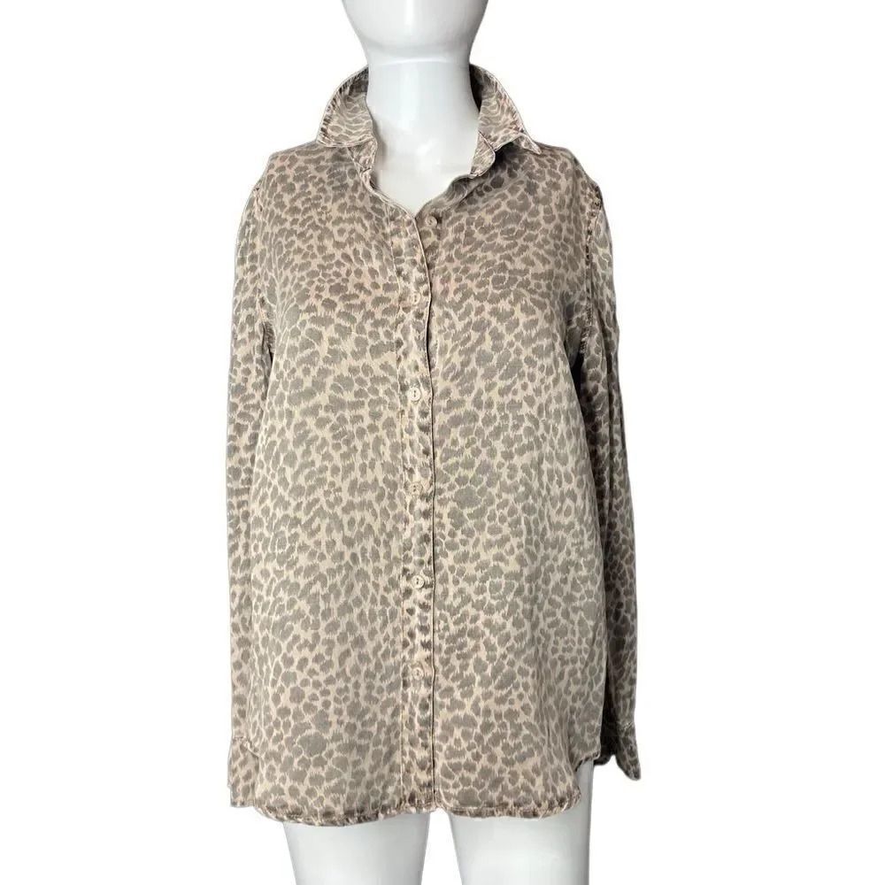 MONROW Leopard Mini Leo Basic Long Sleeve Button Down Shirt Brown XS